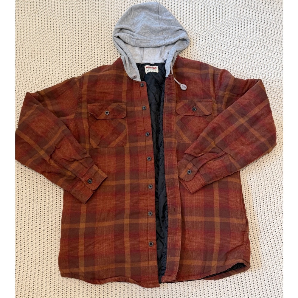 Wrangler Authentics Mens Plaid Quilted Lined Flannel Shirt Jacket Hooded Large